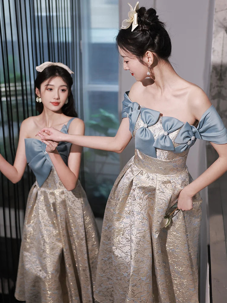 4 Styles Golden Blue Bridesmaid Dress Women's Light Luxury High Quality  Glossy Texture Fabric Ankle Length Wedding Party Vestido
