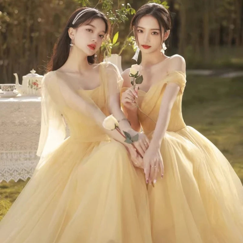 Chiffon Off-shoulder Yellow Bridesmaid Dresses on Luulla