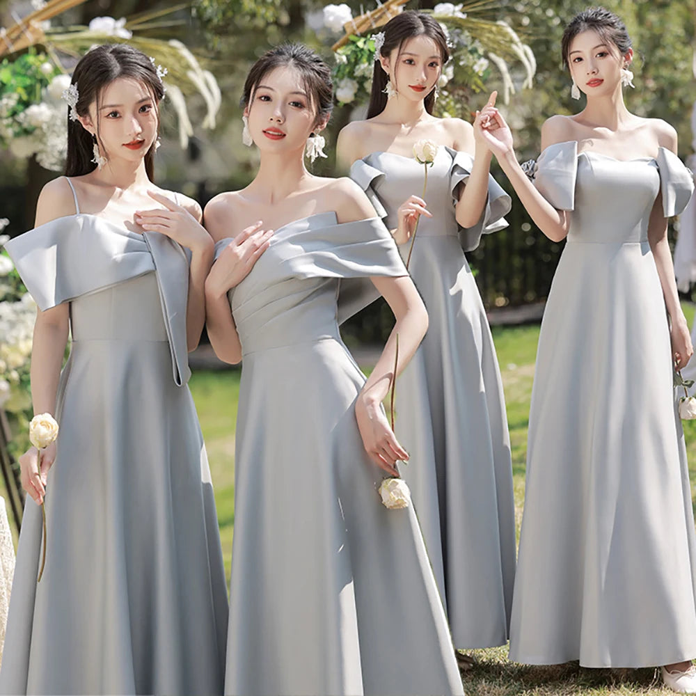 grey satin bridesmaid dresses Simple One Shoulder Silver Grey Satin Mermaid Cheap Long Custom Brides –  BubbleGowns main image 0