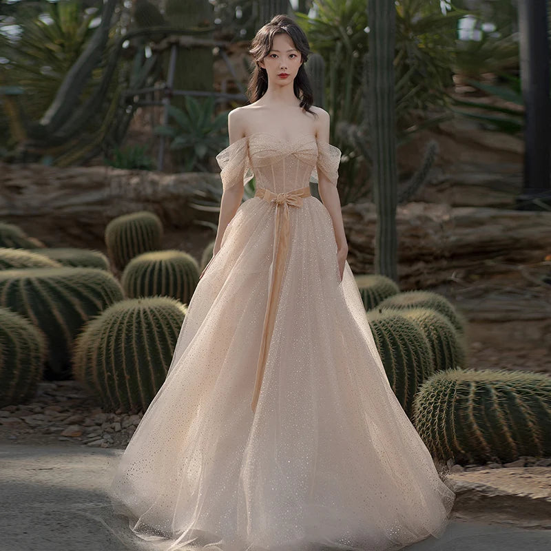 Off-shoulder Flowy Gown With Delicate Lace Detailing