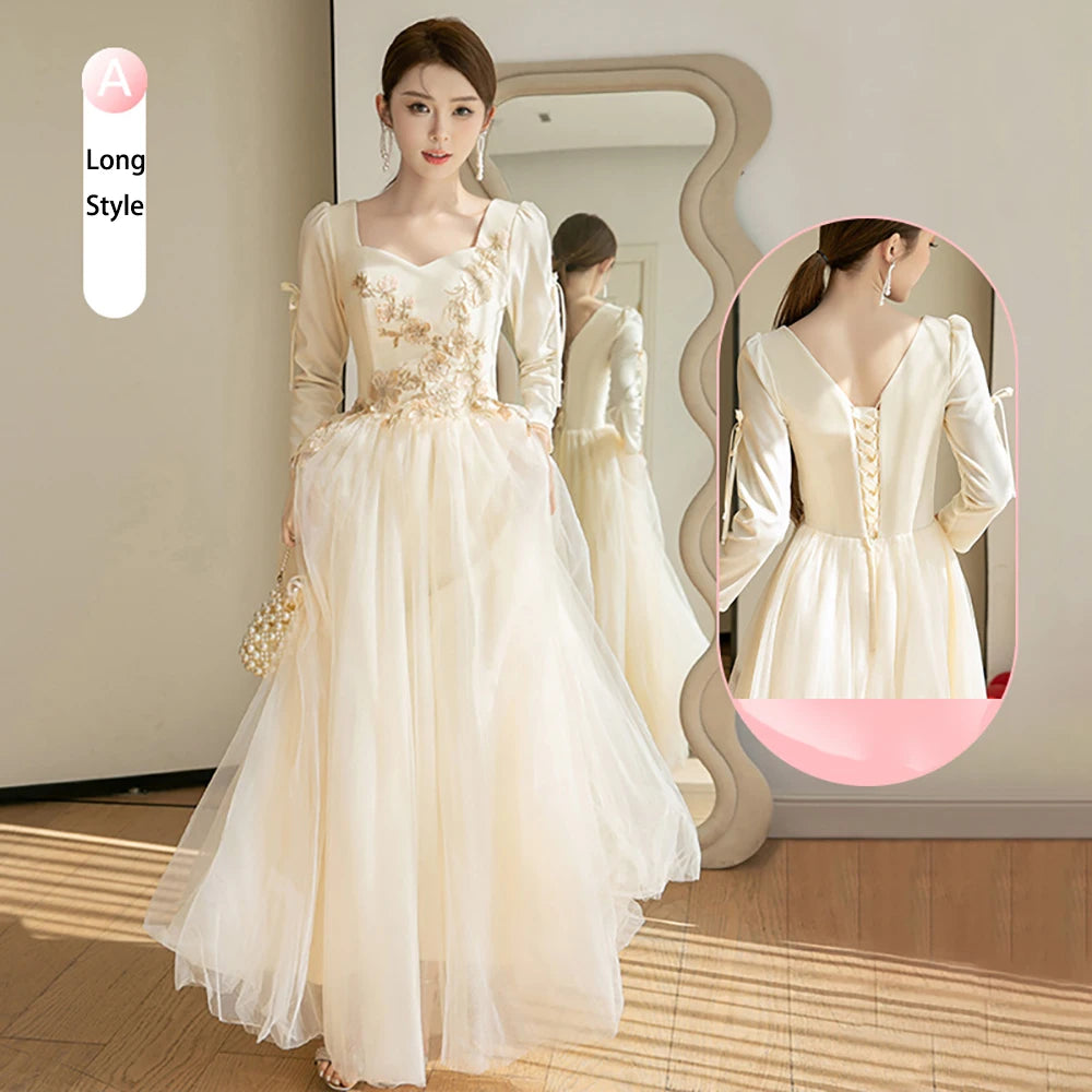 Champagne Velvet Bridesmaid Dress Spring Women Long Sleeve Floral  Embroidery Banquet Evening Dresses on Luulla