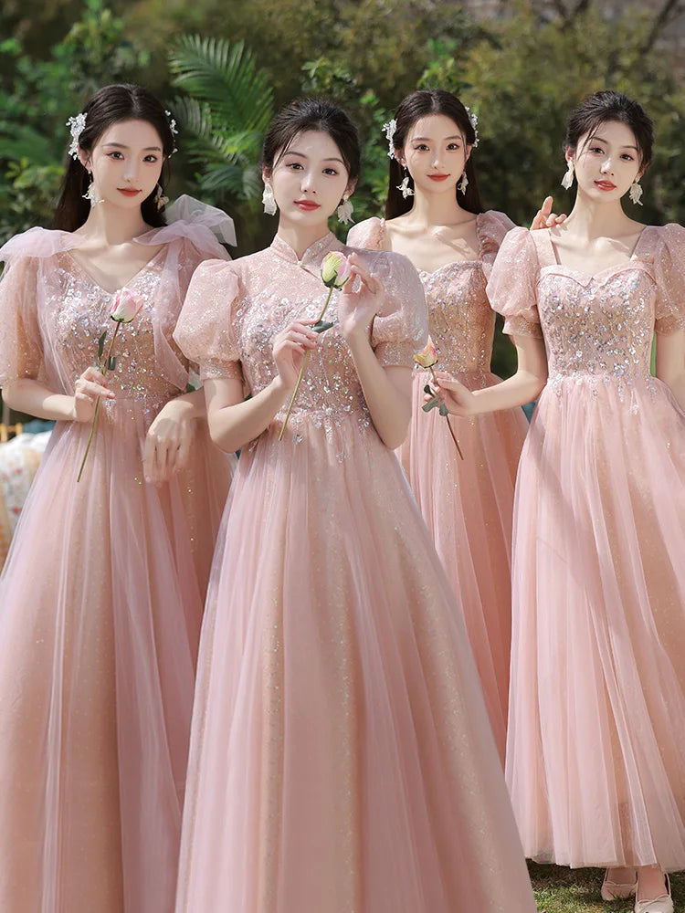 Sparkling Pink Lace Puffy Sleeve Bridesmaid Dress