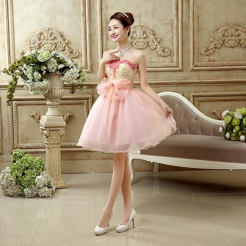 Strapless Pink Floral Dress With Tulle Skirt