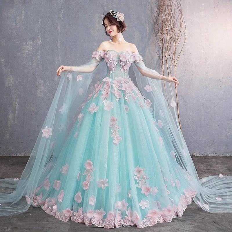 blue quince dress with butterflies Light Sky Blue Ball Gown Long Formal Dress Pink 3D Floral Quinceanera –  SELINADRESS