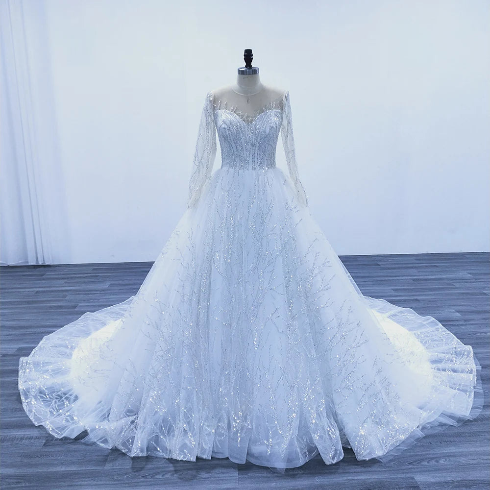 Sparkling Long-sleeve Lace Wedding Gown With Train on Luulla