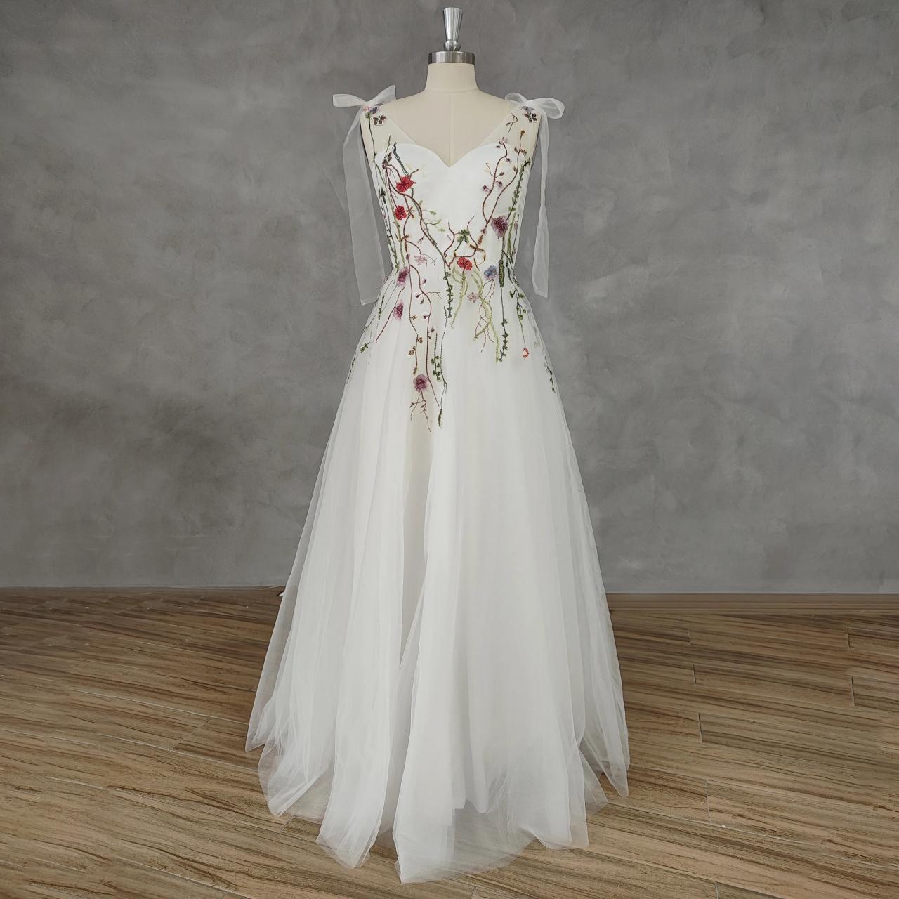 embroidered tulle maxi dress Dusty Blue Floral Embroidered Tulle Maxi Dress with Corset Bodice Custom Color / Above Knee / US8 main image 0