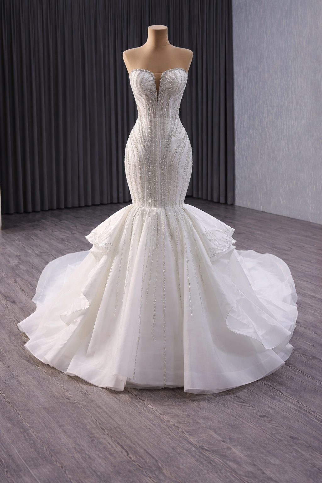 White Strapless Beaded Mermaid Wedding Gown With Layered Tulle Train on Luulla White Strapless Beaded Mermaid Wedding Gown With Layered Tulle Train on Luulla