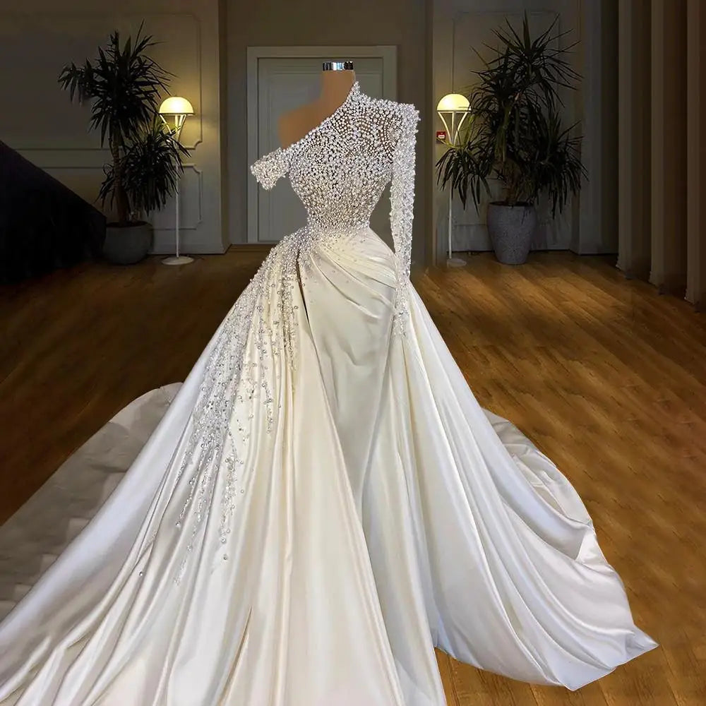 knee length dresses for ladies One Shoulder Long Sleeve Satin Wedding Dress with Overskirt White / 16