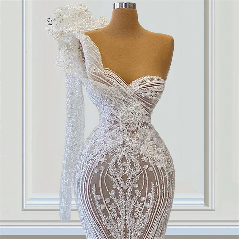 one shoulder lace mermaid wedding dress White One Shoulder High Slit Bridal Dress JB37601