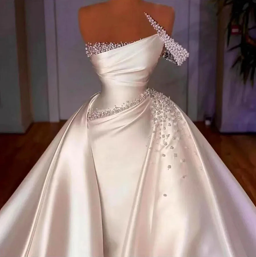 Satin One-shoulder Gown With Beaded Embellishments on Luulla