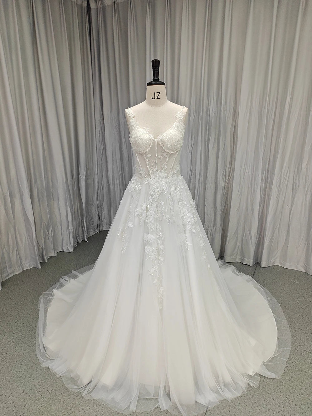 navy blue dress for baby girl Lace Bodice A-Line Bridal Gown with Train