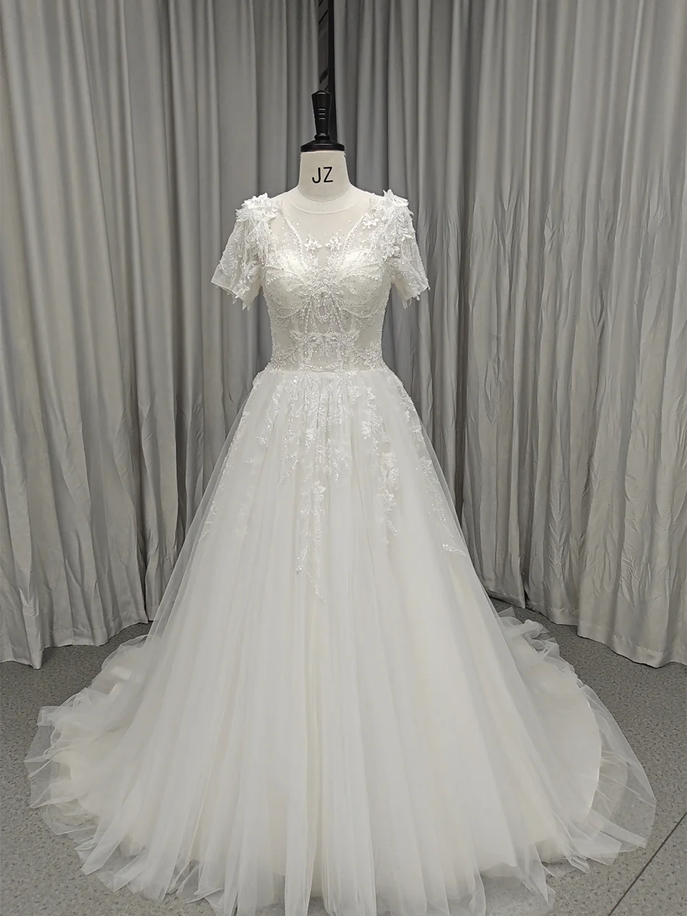 knee length dresses for ladies A Line V-neck Lace Floor-length Short Sleeve Wedding Dress with Ruffle
