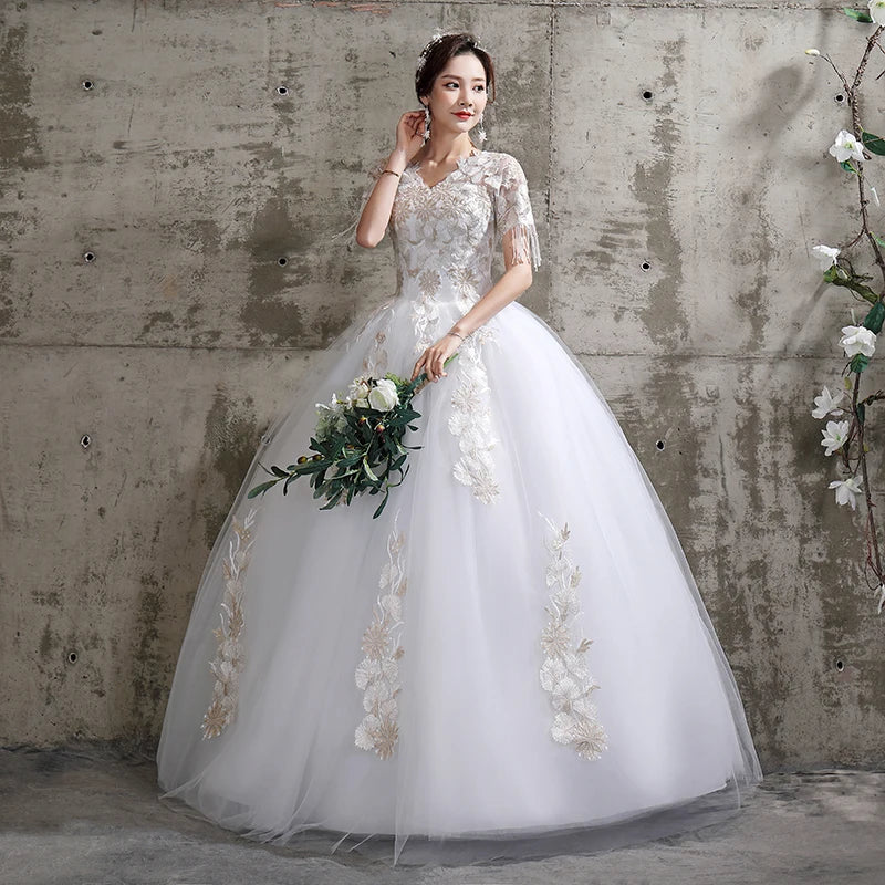 embroidered lace applique ball gown wedding dress Off-the-Shoulder Floor-Length Tulle Ball Bridal Wedding Gown with Lace Applique