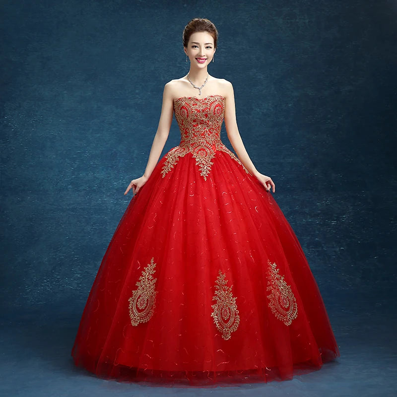Red Strapless Ball Gown With Gold Embroidery