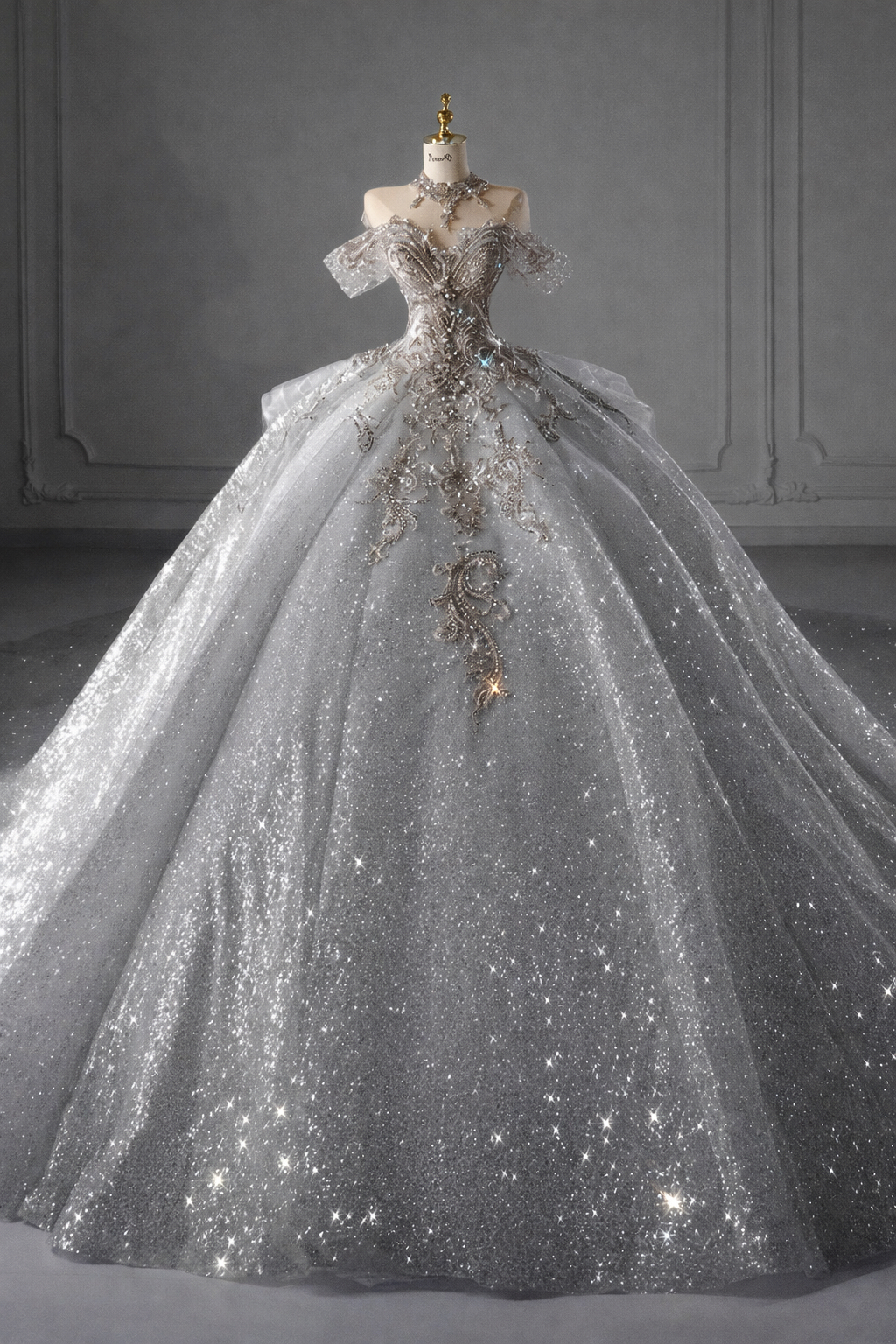 Silver Gray Off Shoulder Beaded Glitter Ball Gown With Full Skirt on Luulla