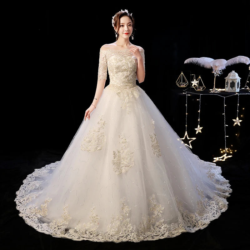 Lace Applique Off-shoulder Long Sleeve Wedding Dress