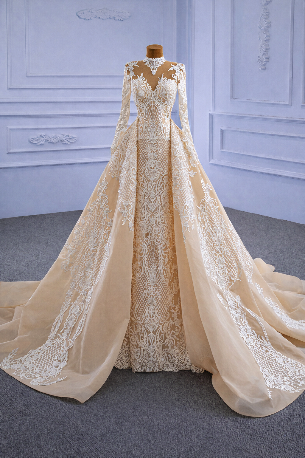 Champagne Lace Long Sleeve Wedding Gown With Detachable Overskirt