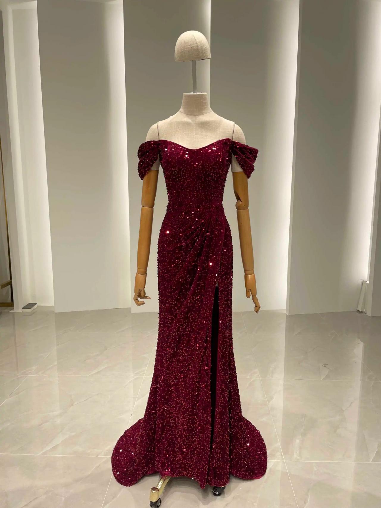 Sequin Off-shoulder Burgundy Gown With Slit
