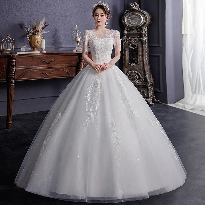 Lace Beaded Off-shoulder Bridal Gown With Train