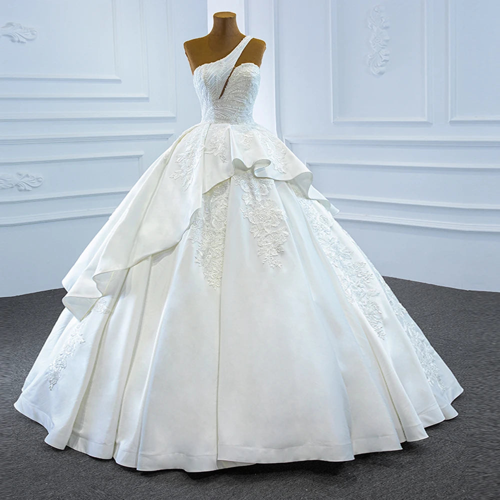 Asymmetrical Lace Trimmed White Bridal Gown
