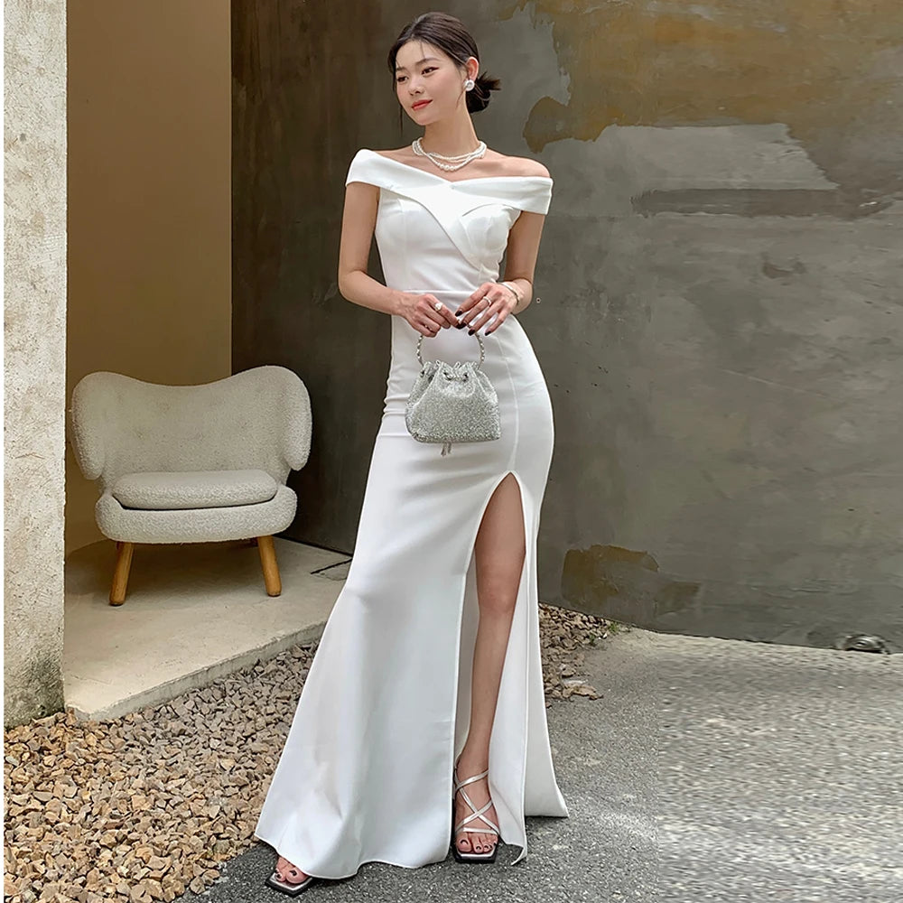 Off Shoulder White Evening Dress With Slit