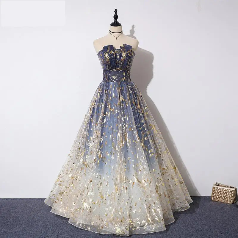 Stunning Strapless Gold Leaf Evening Gown Dress