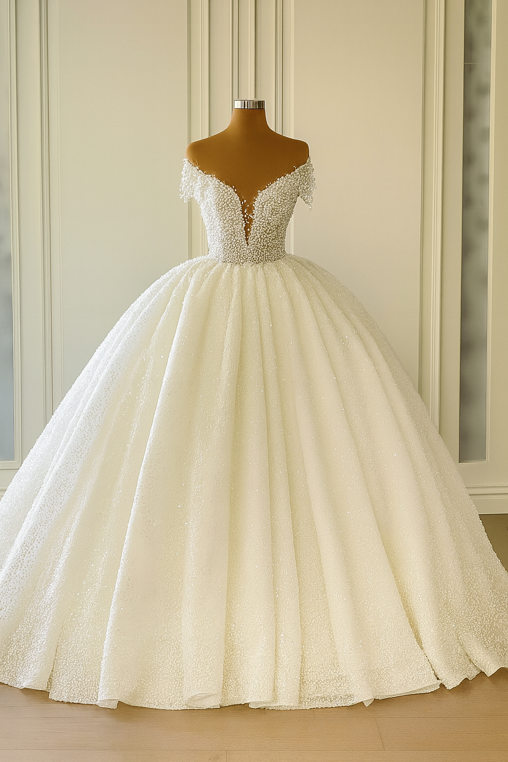 White Glitter Ball Gown Wedding Dress With Off-shoulder Pearl Beaded Bodice  And Voluminous Sparkling on Luulla