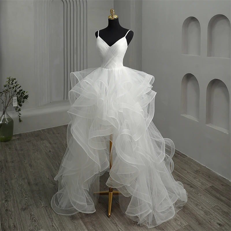 V-neck Ruffled Tulle Bridal Wedding Gown