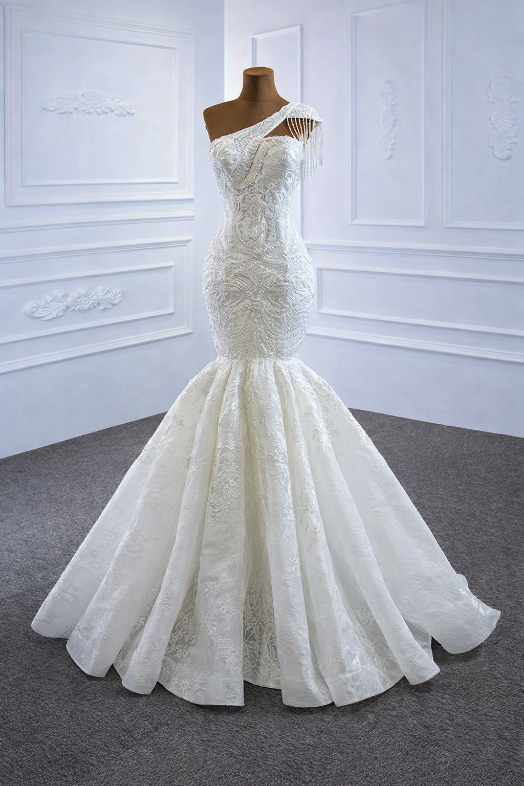 one shoulder beaded mermaid wedding dress Ivory One shoulder Ivory Satin Silver Beaded Mermaid Prom Dresses