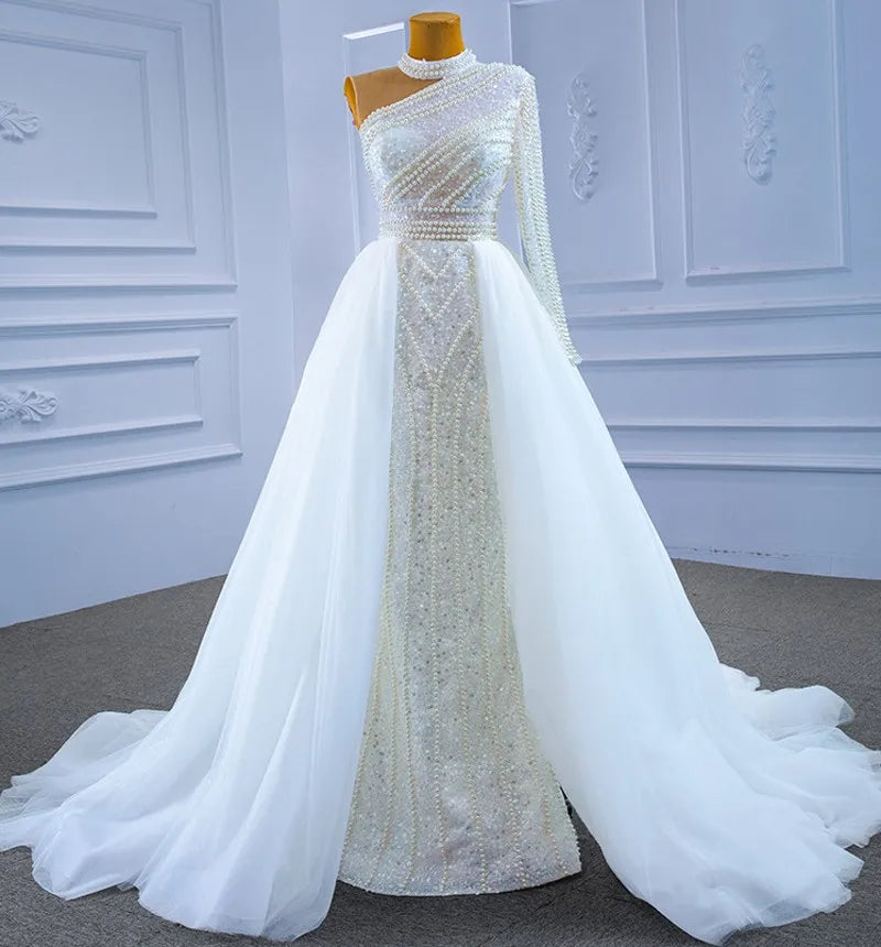 Asymmetric Pearl Beaded One-Shoulder Bridal Gown
