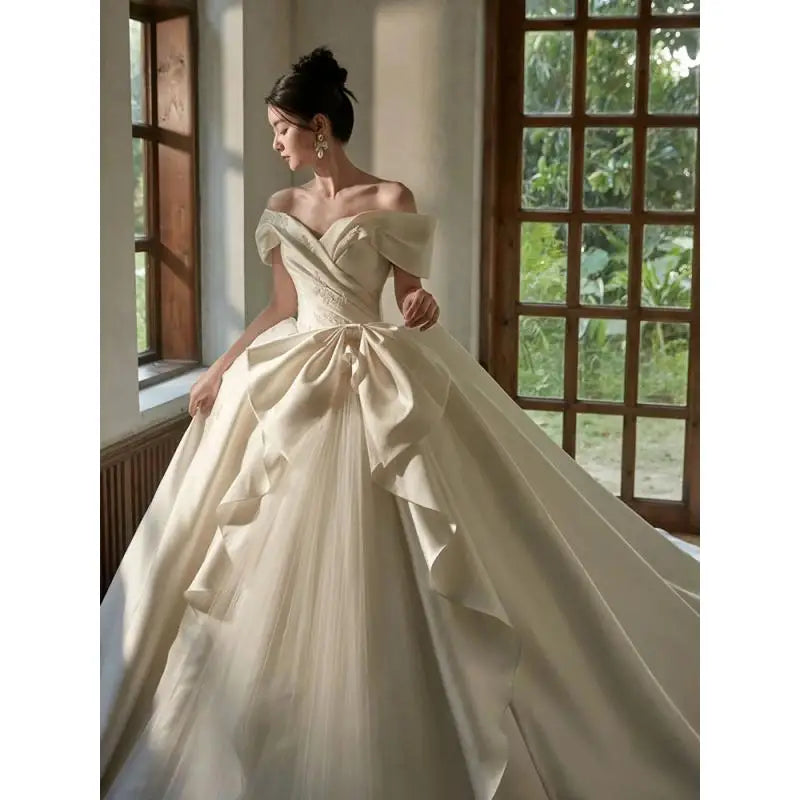 Off-shoulder Ivory Gown With Draped Train