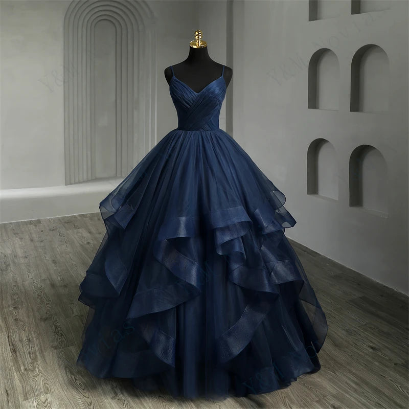 prom dresses in midnight blue Elegant A line Straps Tulle Navy Blue Prom Dresses Formal Evening Dres   PreppyDress