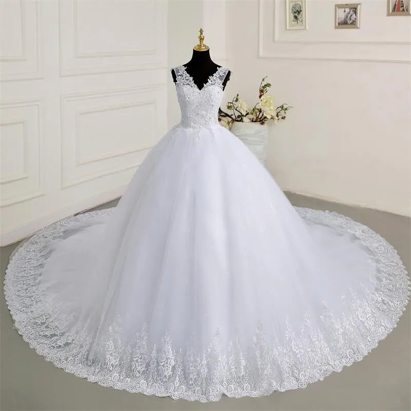 Lace Trimmed Sleeveless Bridal Gown With Train Wedding Dress Long 2025 on  Luulla