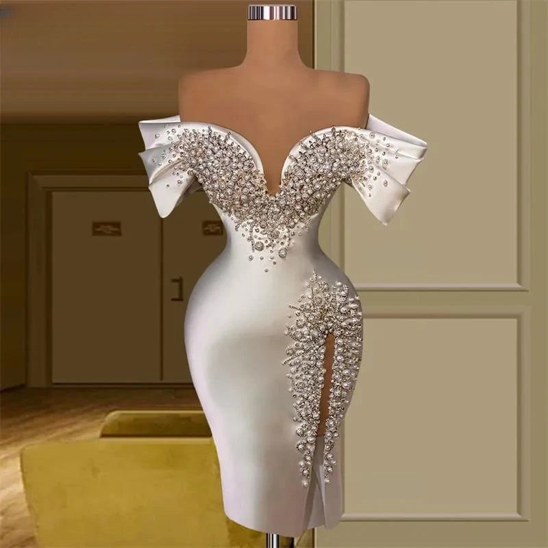 Off-shoulder White Dress With Beaded Embellishments