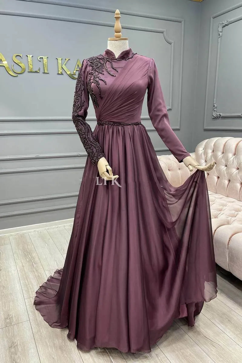 Vintage Plum Gown With Lace Embellished Sleeves
