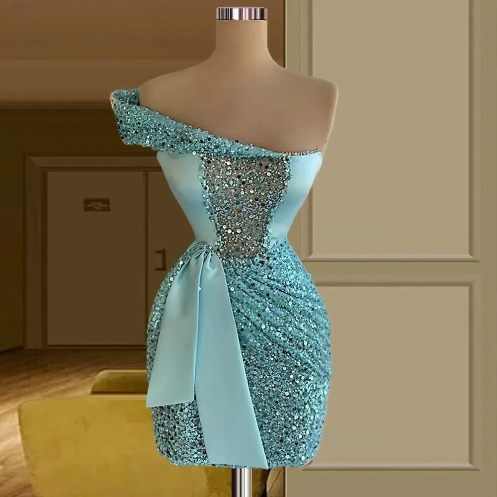 Off-shoulder Blue Sequin Dress With Bow on Luulla