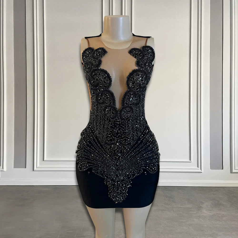 Sheer Black Beaded Bodycon Mini Dress