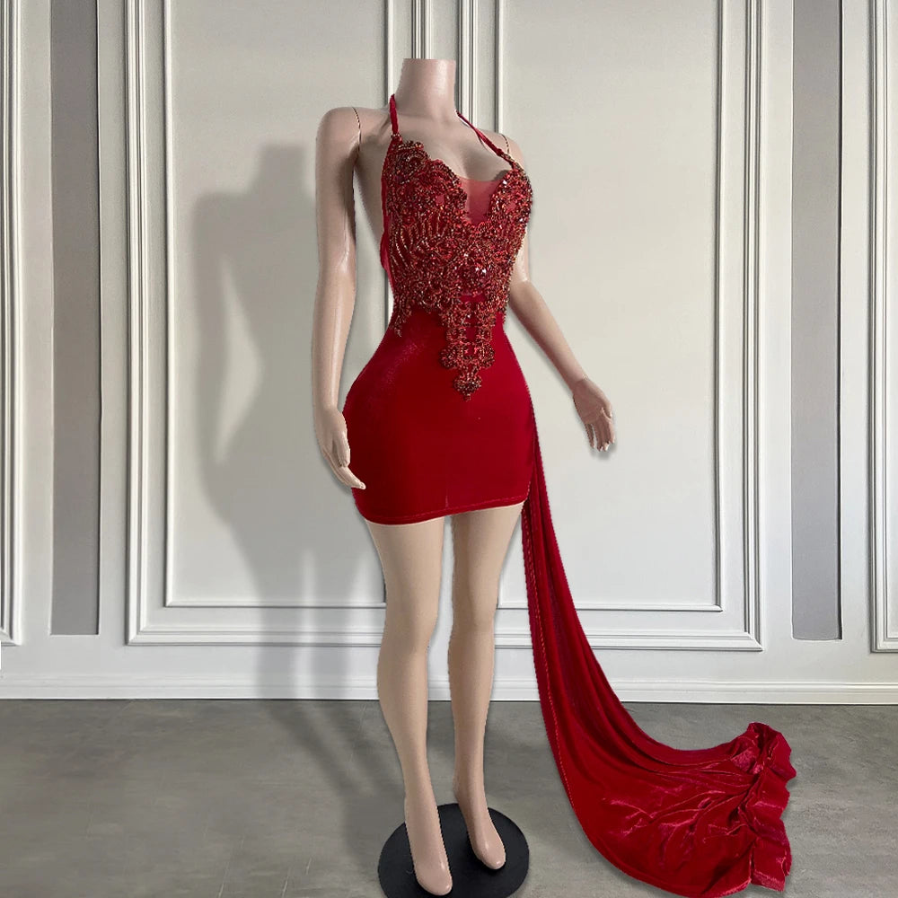 Red Halter Dress With Beaded Bodice And Train on Luulla