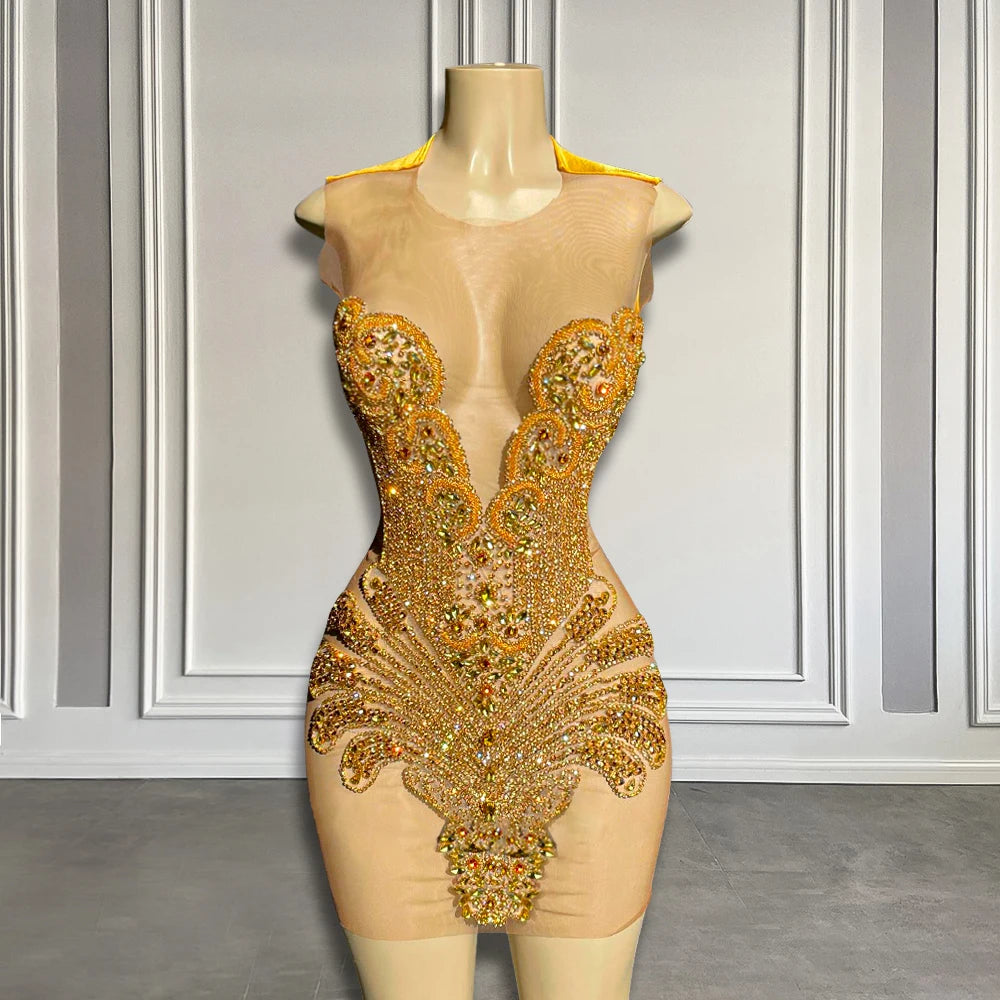 Golden Rhinestone Sheer Mesh Bodycon Party Dress on Luulla