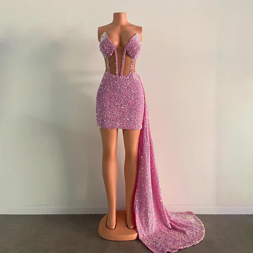 pink mini dress with train Light Pink High Neck Chiffon Mini Dress with Flowing Train - Rosalie