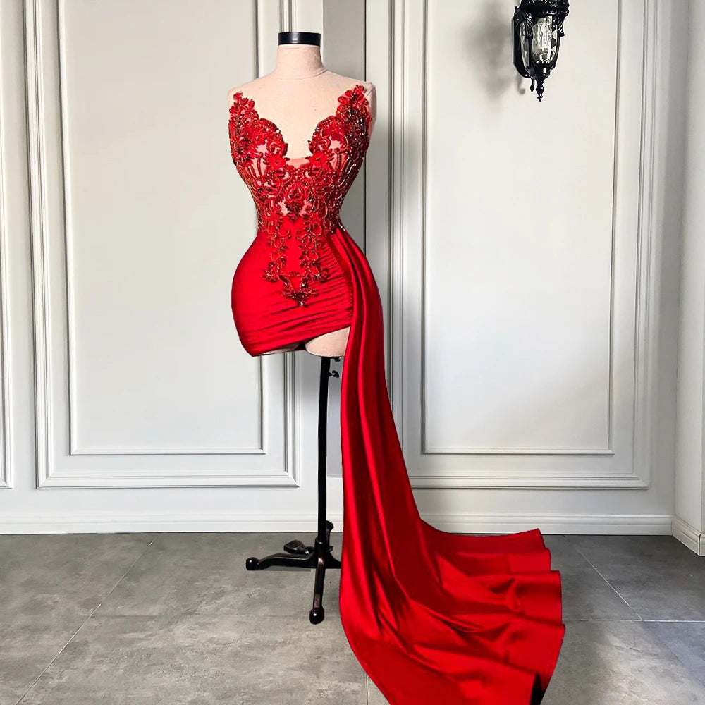 red lace dress with train Ulanda Red Chiffon Lace Backless Maxi Train Dress