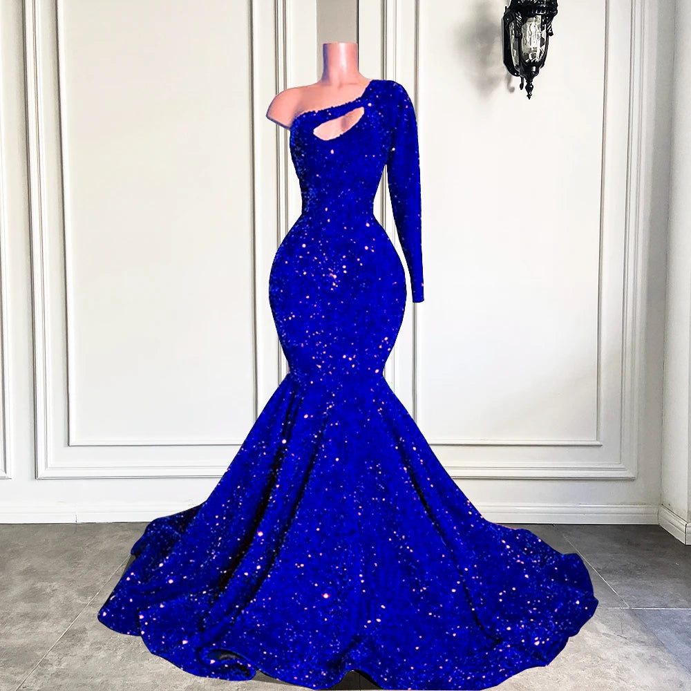 blue dress for baby girl Gothic Royal Blue Sequin Evening Gown with Asymmetrical Cape main image 0