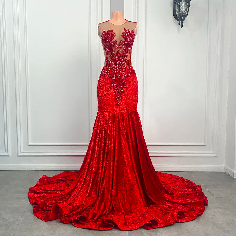 Red Mermaid Evening Gown With Lace Bodice And Illusion Neckline Detail