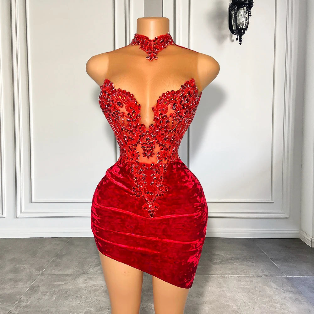 Sparkling Red Velvet Dress With Intricate Beading on Luulla