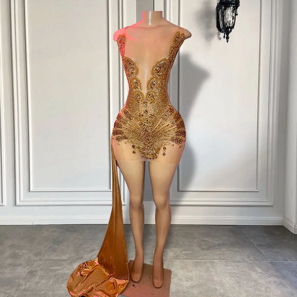 Gold Sequin Sheer Corset Long Train Dress on Luulla