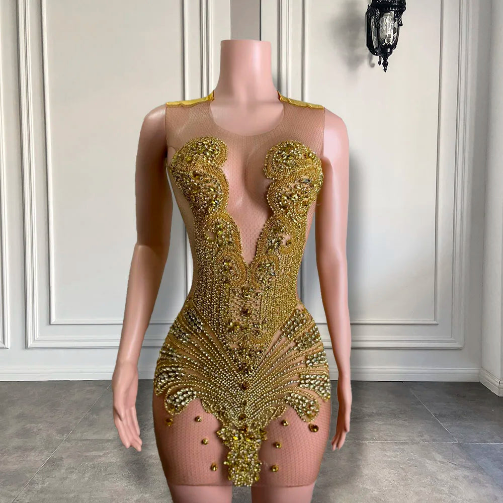 Gold Beaded Sheer Mesh Dress With Appliqu on Luulla
