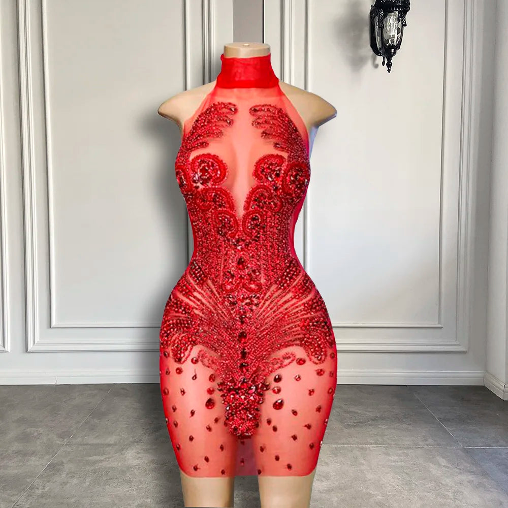 red sheer bodycon dress Women's Chiara Mini Dress in Sheer Knit Red, XXL , Sheer , Scoop Neckline red