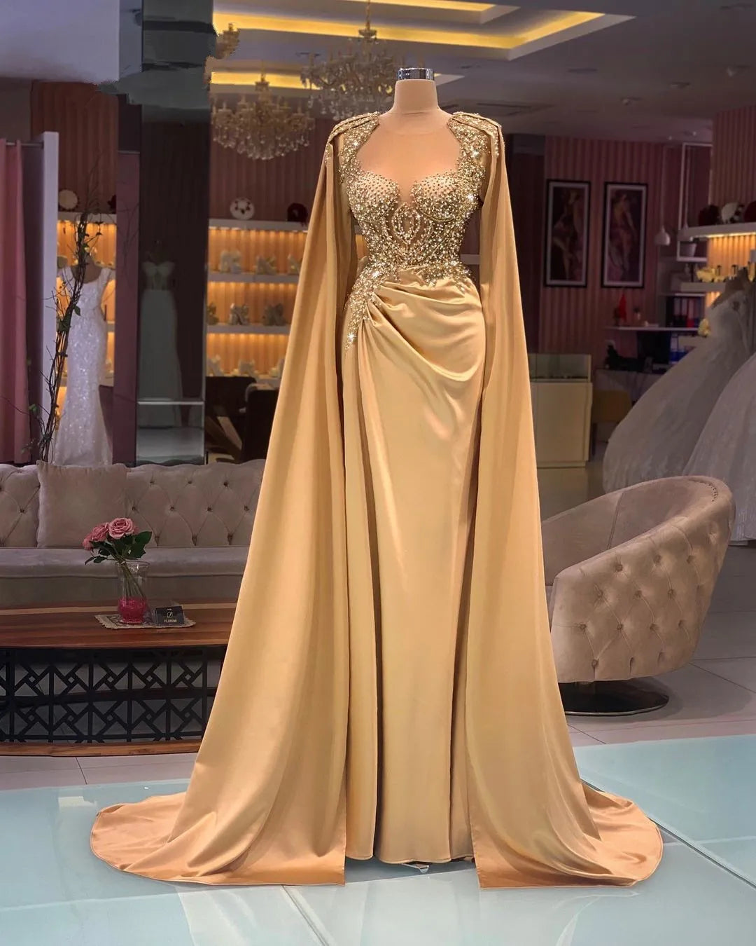 Gold Gown with Train and Embellished