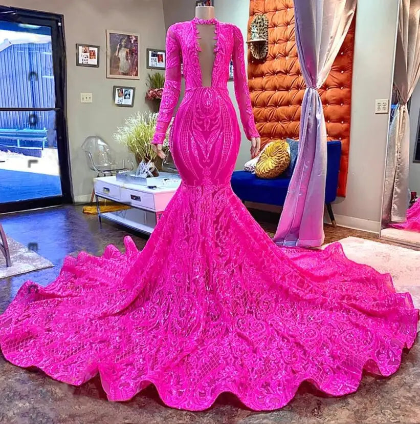 Vibrant Fuchsia Lace Gown With Long Train