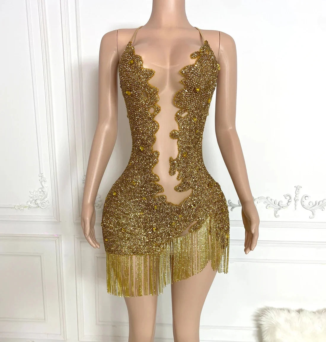 golden sharara dress Cap-Sleeve Long Gold Beaded Formal Dress with Fringe– PromGirl main image 1